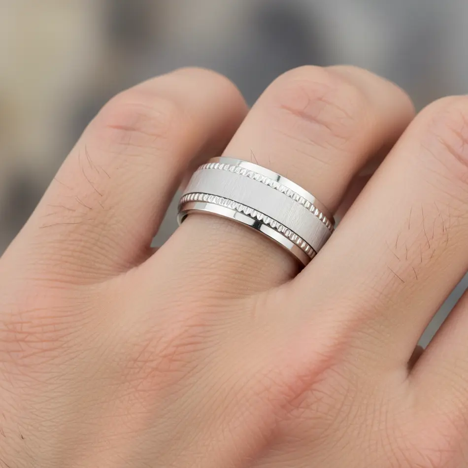 Men And Women Titanium Wedding Band Engagement Ring 8mm Thick White Satin Finish Center Milgrain Step Edge Ring Men's Titanium Ring Engagement Ring Couple Ring