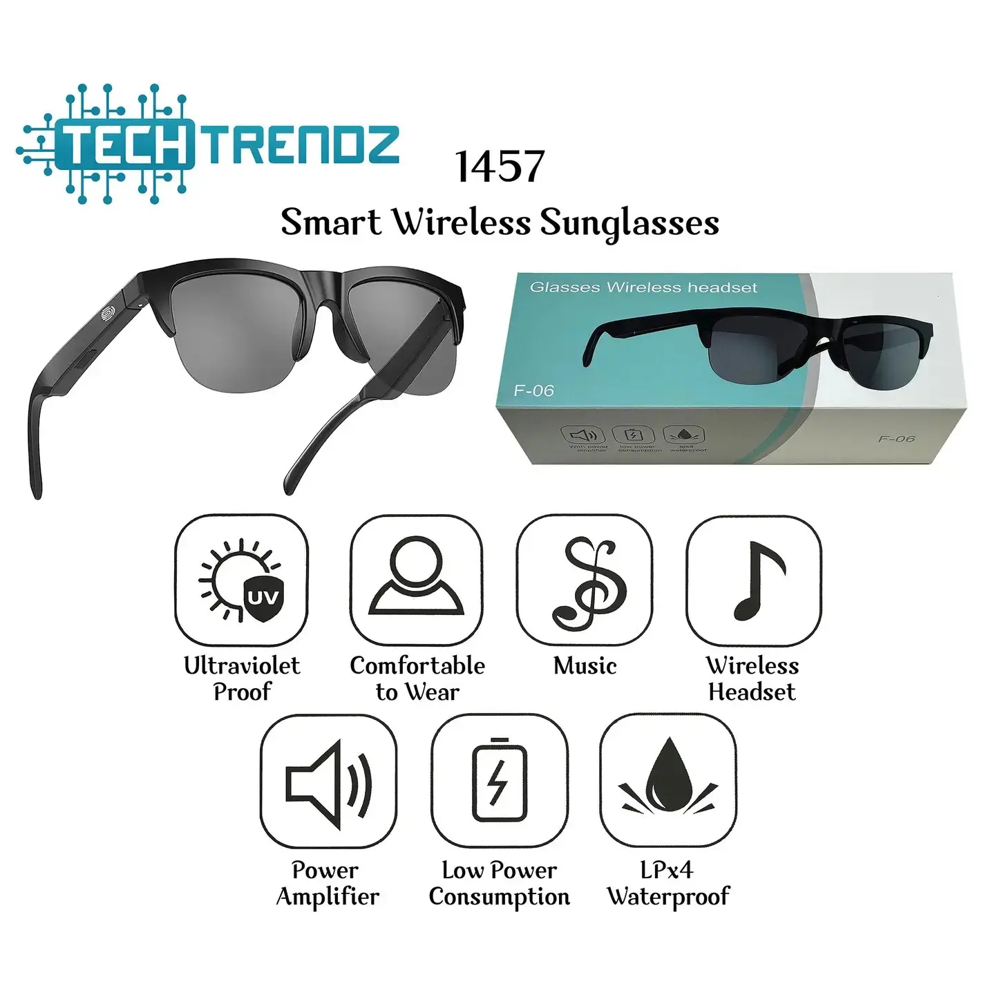 TECHTRENOZ 1457 Smart Wireless Sunglasses with BT 5.3 Ultraviolet Protection Stereo Sound Waterproof IPX4 Rated Wearable Glasses