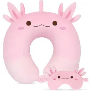Kids Travel Pillow, Kid Neck Pillows with Eye Mask Cute Axolotl U Shaped Neck Pillow, Neck Support Travel Pillow for Road Trip, Airplane, Travel Pillow for Kids & Adults