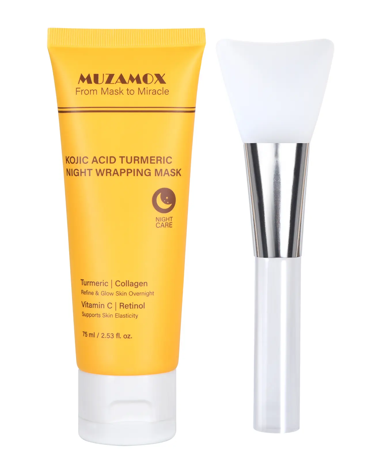 MUZAMOX Turmeric Overnight Peel-Off Mask, Hydrating Wrapping Treatment for Glass Glow Skin & Uneven Tone, with Collagen, Kojic Acid & Vitamin C, for All Skin Types, Includes Brush, 2.53 fl. oz.