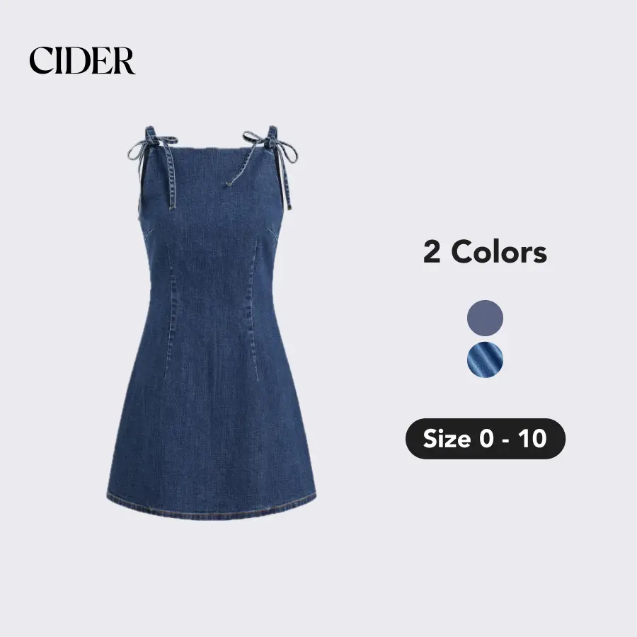 Cider Stretch Denim Solid Zipper Knotted Mini Dress Casual Blue