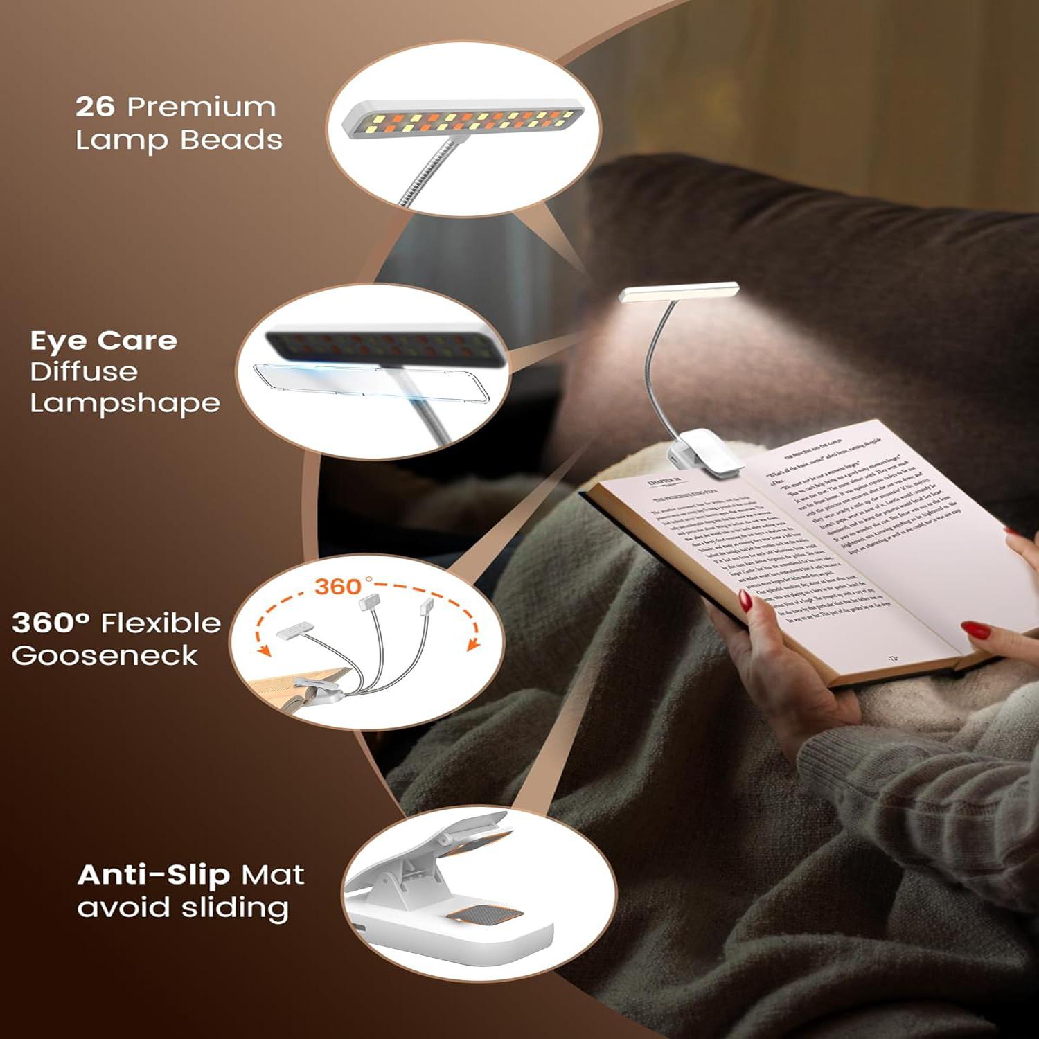 24 LED Rechargeable Book Light with Memory Function | Eye-Friendly 3 Colour Temperatures, Stepless Dimming & 80-Hour Runtime. Perfect Clip-On Light for Reading in Bed.