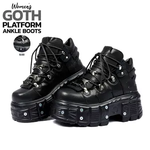 VIMISAOI Womens Goth Platform Ankle Boots Round Toe Chunky Block High Heel Lace Up Studs Motorcycle Combat Party Rave Punk Concert Fashion Booties Jennifers Body Ankle Boots