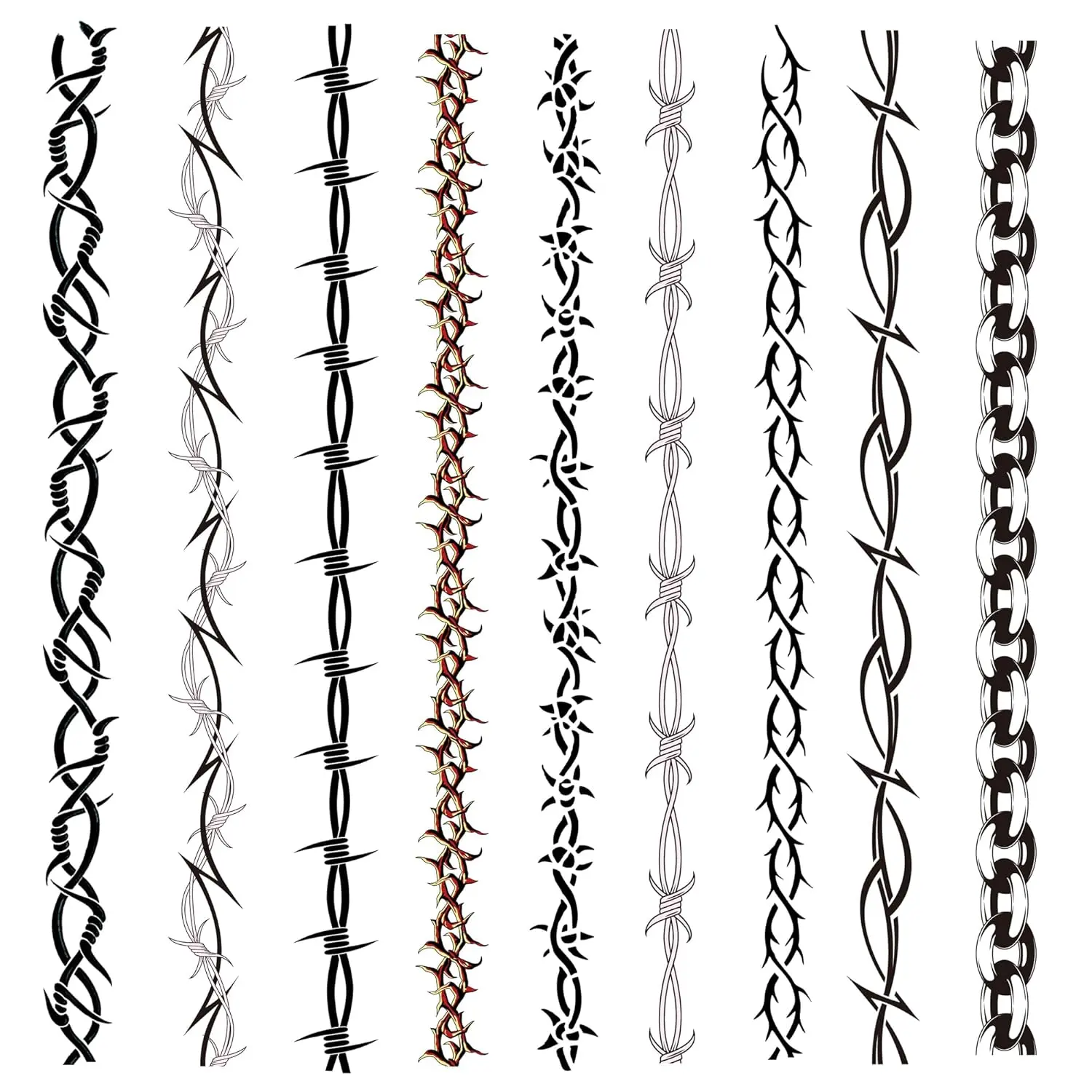 9-Sheet Variety Pack of Large Barbed Wire Temporary Tattoos, Long Barbed Wire Armbands Tattoo Stickers for Adults Kids (1.2x13.3 Inches)