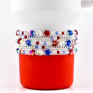 Patriotic Bracelet Collection: Set of 5 Handmade Beaded Bracelets with Sparkling Red White and Blue Stars
