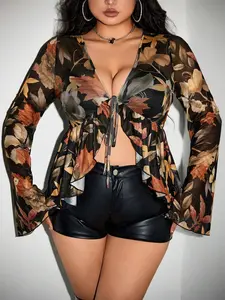 ICON Plus Size Maple Leaf Print Front Tie Bell Sleeve Sheer Mesh Blouse
