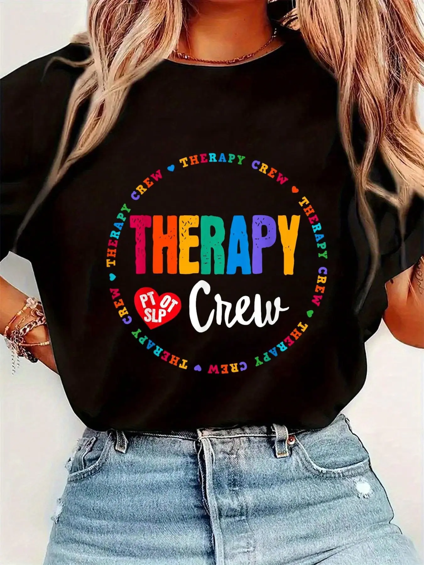 Therapy Crew PT OT SLP Occupational Therapist Week Team T-Shirt Womens Round Neck Short Sleeve T-Shirt Fashion Graphic T