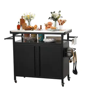 Rolling Bar Grill Cart Outdoor Patio Furniture, Outdoor Grill Table with Stainless Steel Top for Kitchen Prep and Outdoor Storage Cabinet for Grilling Accessories