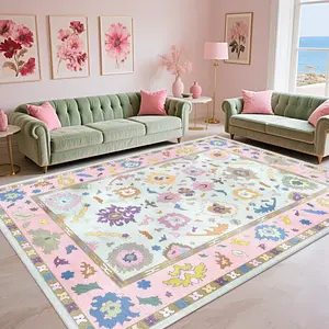 PLUMLIK Bohemian Floral Area Carpet For Living Room Dining Room, Soft Low Pile oushak Area Rug, Non Slip Decorative Carpet For Bedroom, Washable Rugs For Home Decor, Ideal For High Traffic Areas, Dopamine Decor Gift For Mother's Day, Housewarming