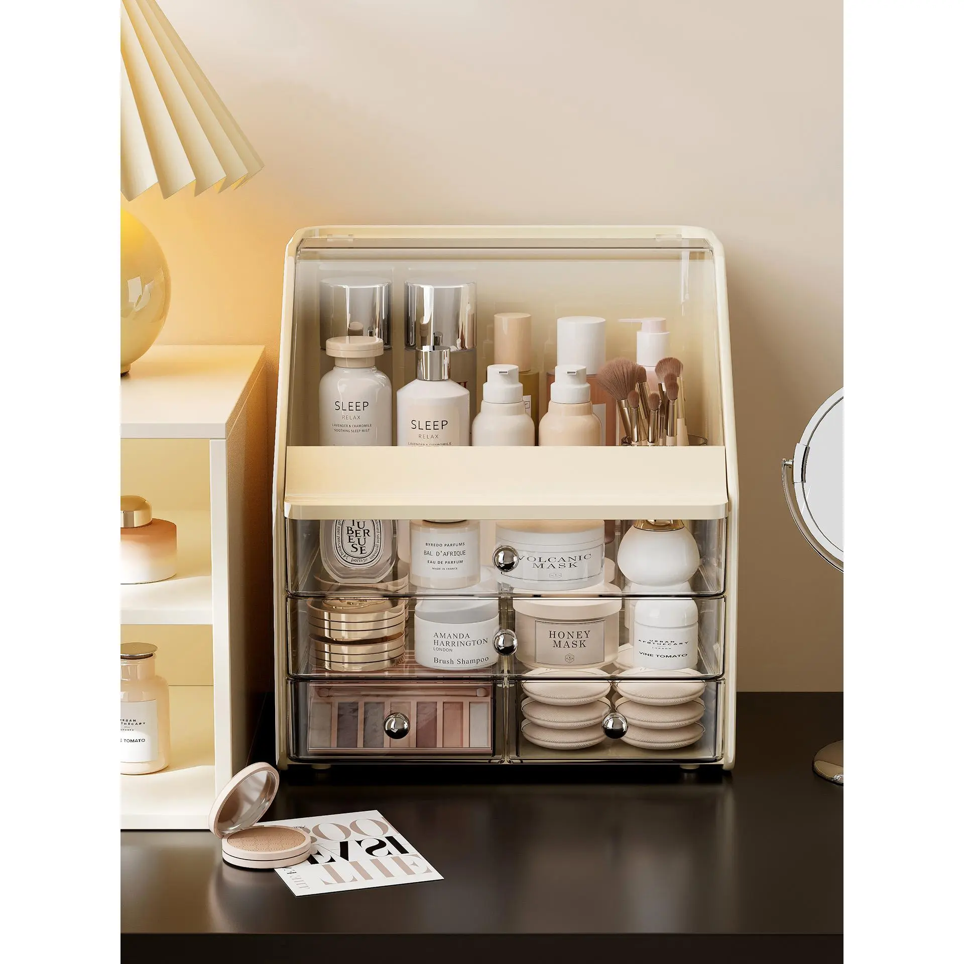 Light Luxury Plastic Large-Capacity Makeup Organizer with Flip Top Dustproof Lid, Pull-Out Drawers, Vanity Tabletop Storage for Lipsticks, Skincare, Brushes - Home Organizer Box for Vanity Organization, Beauty Storage Solutions