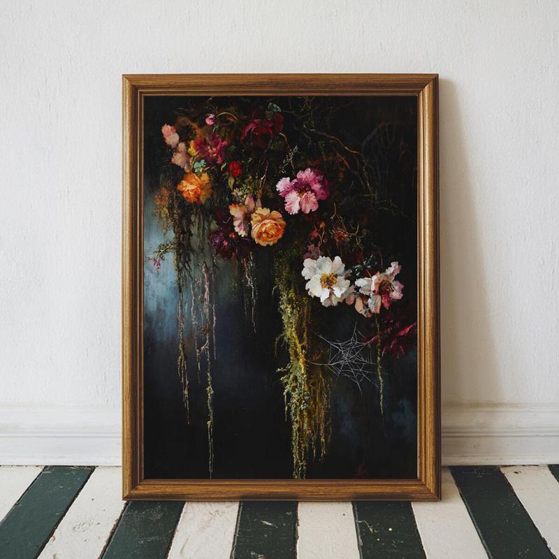 Moss Wall Art, Cottagecore Witchy Boho Botanical Print, Whimsigoth Cobweb Victorian Flower Poster, Dark Floral – 5 Size, 8x12 to 27x40 inch, Room Decor, Unframed