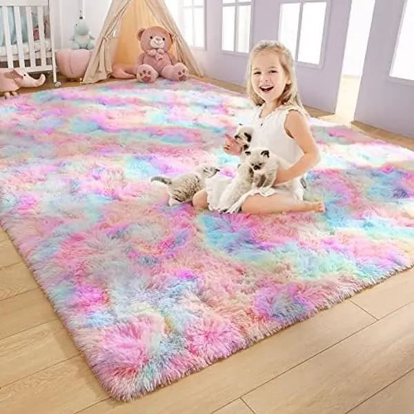 Soft Rainbow Area Rugs for Girls Room 3x5 Feet, Fluffy Girls Bedroom Rugs, Princess Rug, Cute Colorful Carpet for Kids Teens Nursery Toddler, Pink