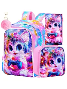 3pcs Gamer Cat Backpack Set for Girls, Sequin Galaxy Heart School Bag, Insulated Lunch Box & Pencil Pouch, Durable Bookbag for Back to School
