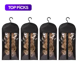 Wig Storage Bag with Hook, 4 Counts Dustproof Zipper Wig & Hair Extension Hanger, Heatless Styling Tools for Salon & Home Use