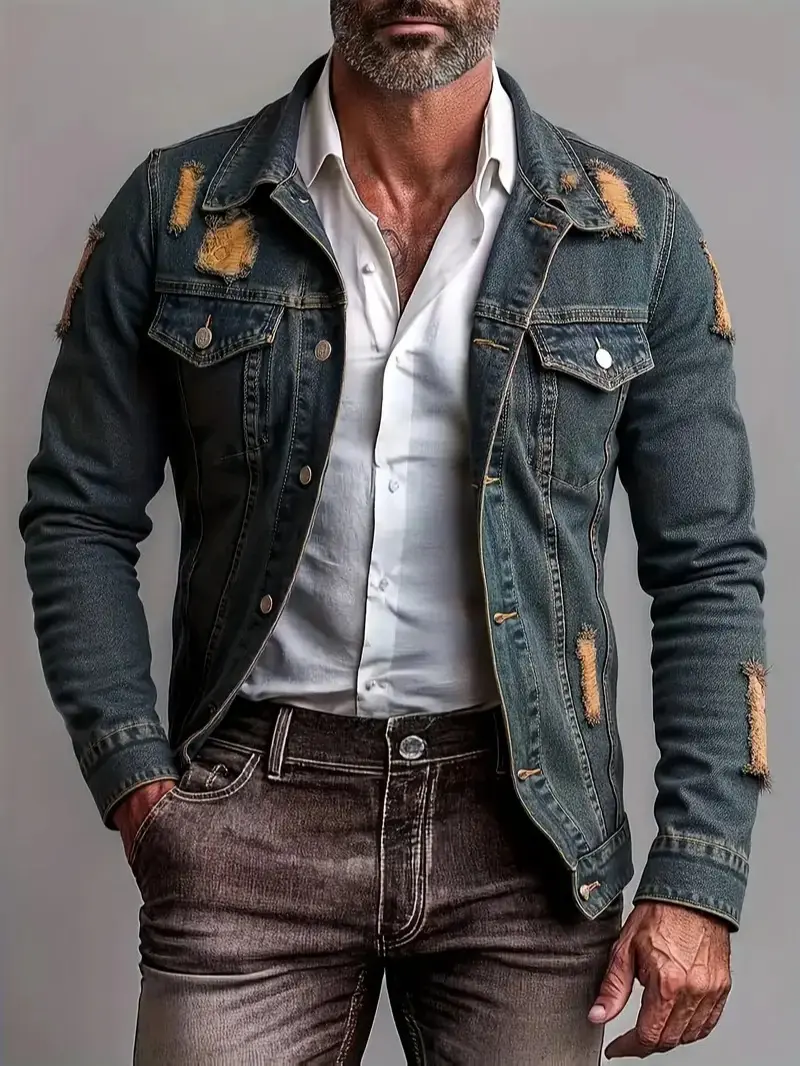 Menswear Slim Fit Denim Jacket, Plain Retro Distressed and Ripped Outerwear with an Inner Faux Shirt Layer