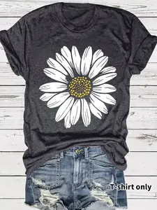 Women's Summer Casual Vintage Floral Daisy Print T-Shirt, Round Neck Short Sleeve Fitted Top, Comfortable Breathable Fabric, S-Xxl Sizes Available
