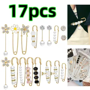 17 pcs Crystal Pearl Brooch Sweater anti slip brooch Pearl Crystal Brooch Pant Waist Tightener Pins Decoration Accessories for Women Girls Fashion Accessories