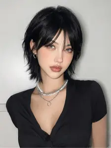 12-Inch Wolf Tail Short Hair Wig for Women, Full Head Cap Rose Net Hat, Cool Girl Daily Wear or Festival Event Accessory, Wolf Cut, Straight Synthetic Wigs
