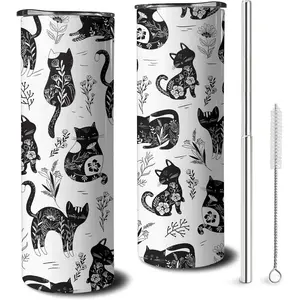 20oz Portable Skinny Round Stainless Steel Vacuum Insulated Tumbler Flask - Boho Cat Decor, with Lid & Straw, Kitchenware Drinkware, Gift for Cat Lovers, Flasks