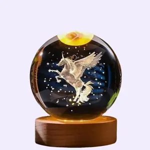 Unicorn - themed Crystal Ball Night Light with Wooden Base, Multicolor Lights - Ideal Bedroom Decor & Gift lamp