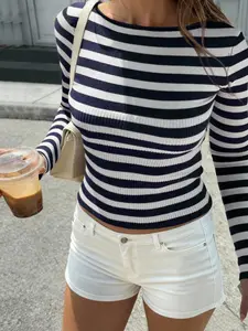 Women's Striped Long Sleeve Knit Top, Knitwear, Slim Fit Pullover, Retro Casual Style, Ideal for Vacation, Beach, Travel, Daily Wear
