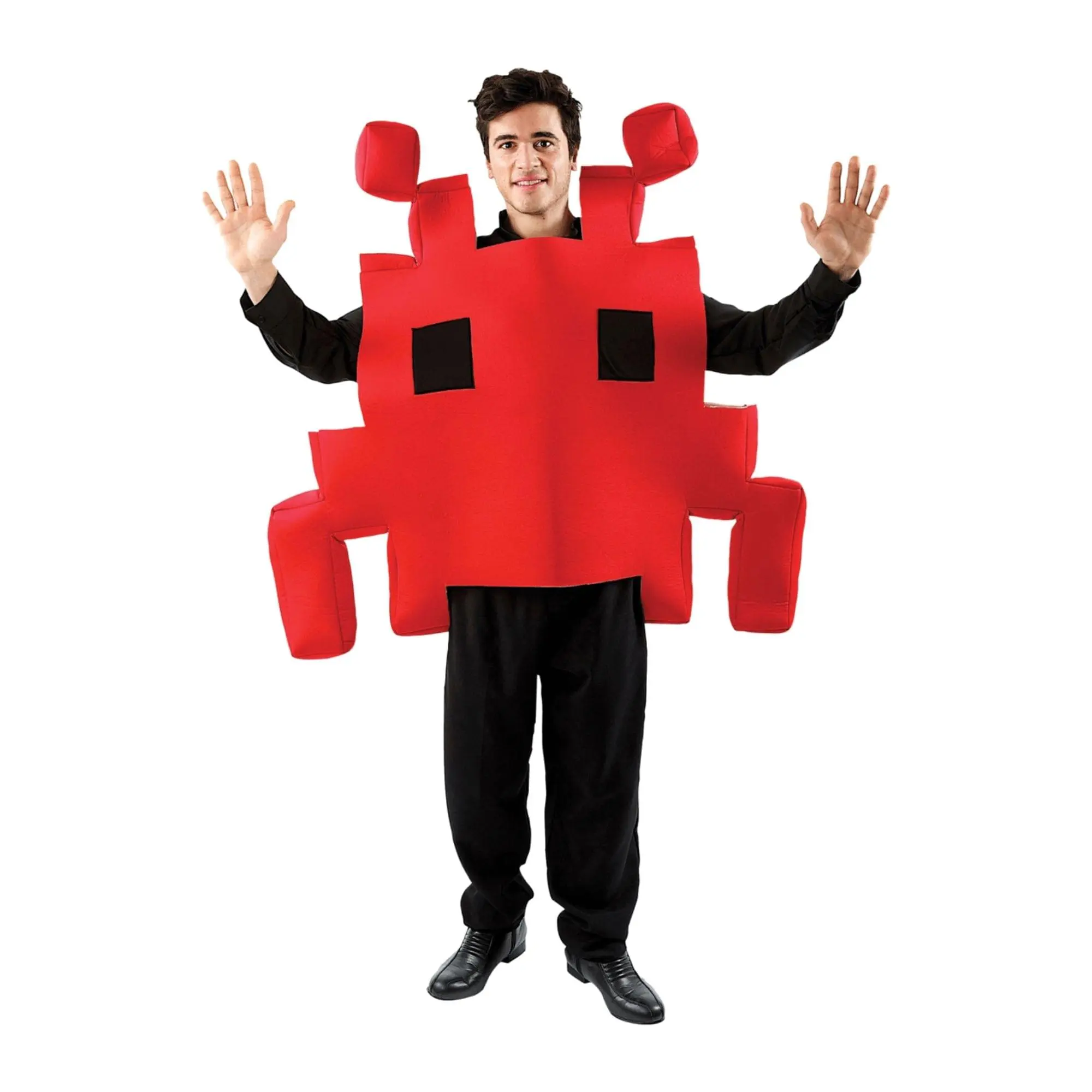 Men's Red Retro Space Invader Arcade Game Fancy Cosplay Tunic - Hollow, Yellow Accents, Matching Menswear Adult Costume Clothes, Spot Clean Compatible