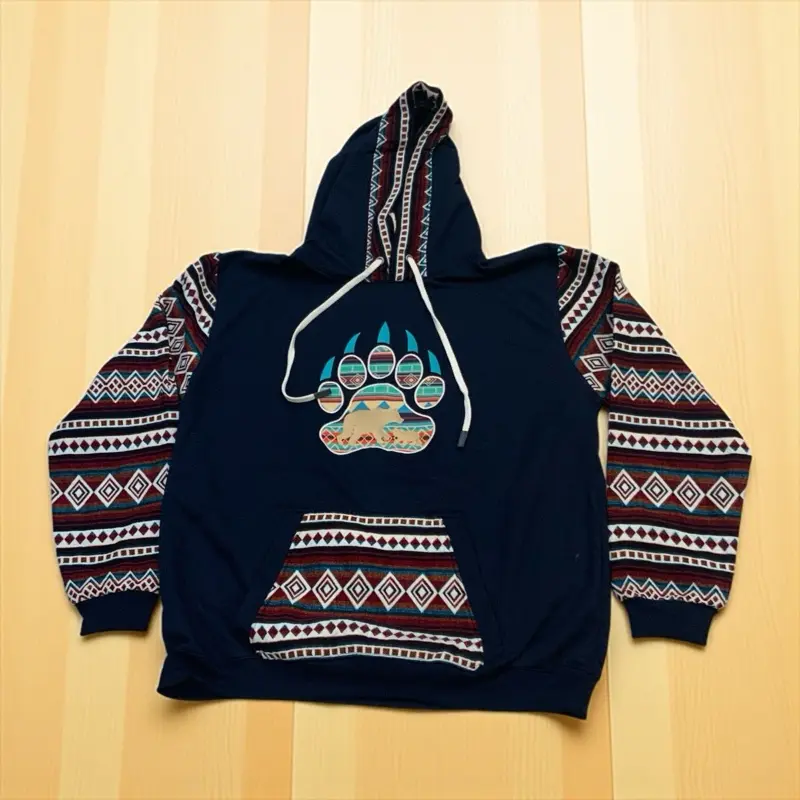 Bear Paw Embroidery Design on Navy Cotton Hoodie for Men & Women with Aztec Pattern