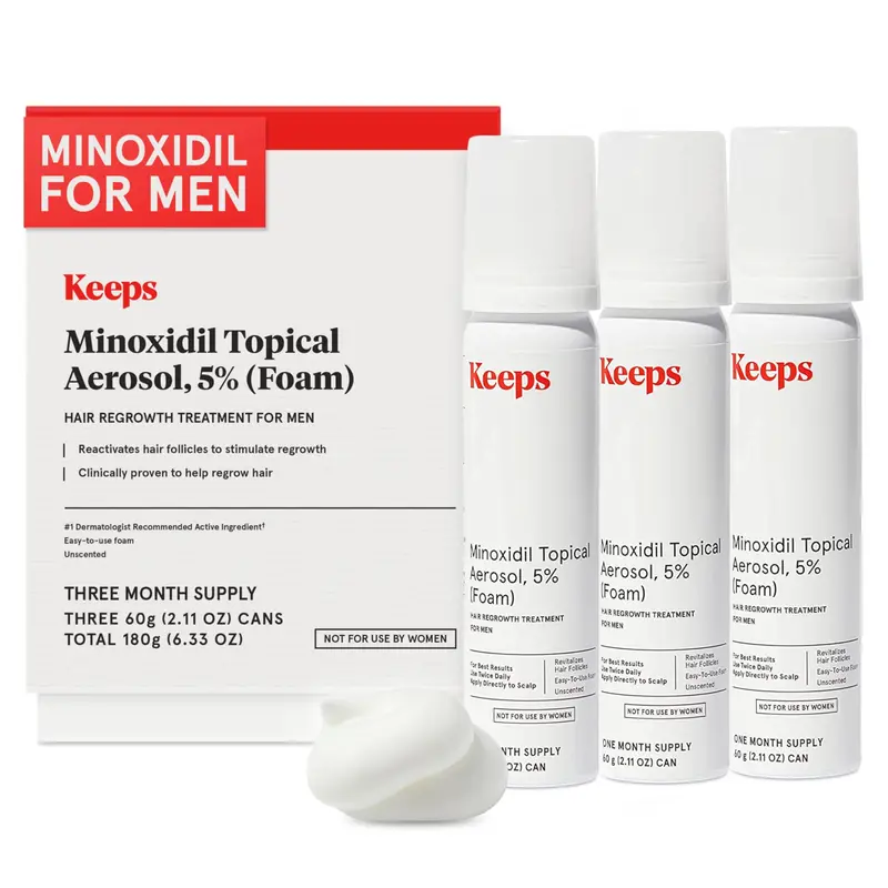 Keeps Extra Strength Minoxidil 5% Topical Aerosol Foam for Men, Haircare Hair Growth Treatment - 3-Month Supply (3 x 2.11oz Bottles) - Thicker Longer Hair, Slows Loss & Promotes Regrowth