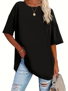 【Plus Size】 Solid Drop Shoulder Tee, Casual Half Sleeve Round Neck T-shirt, Women's Plus Clothing for Summer Daily Wear, Top