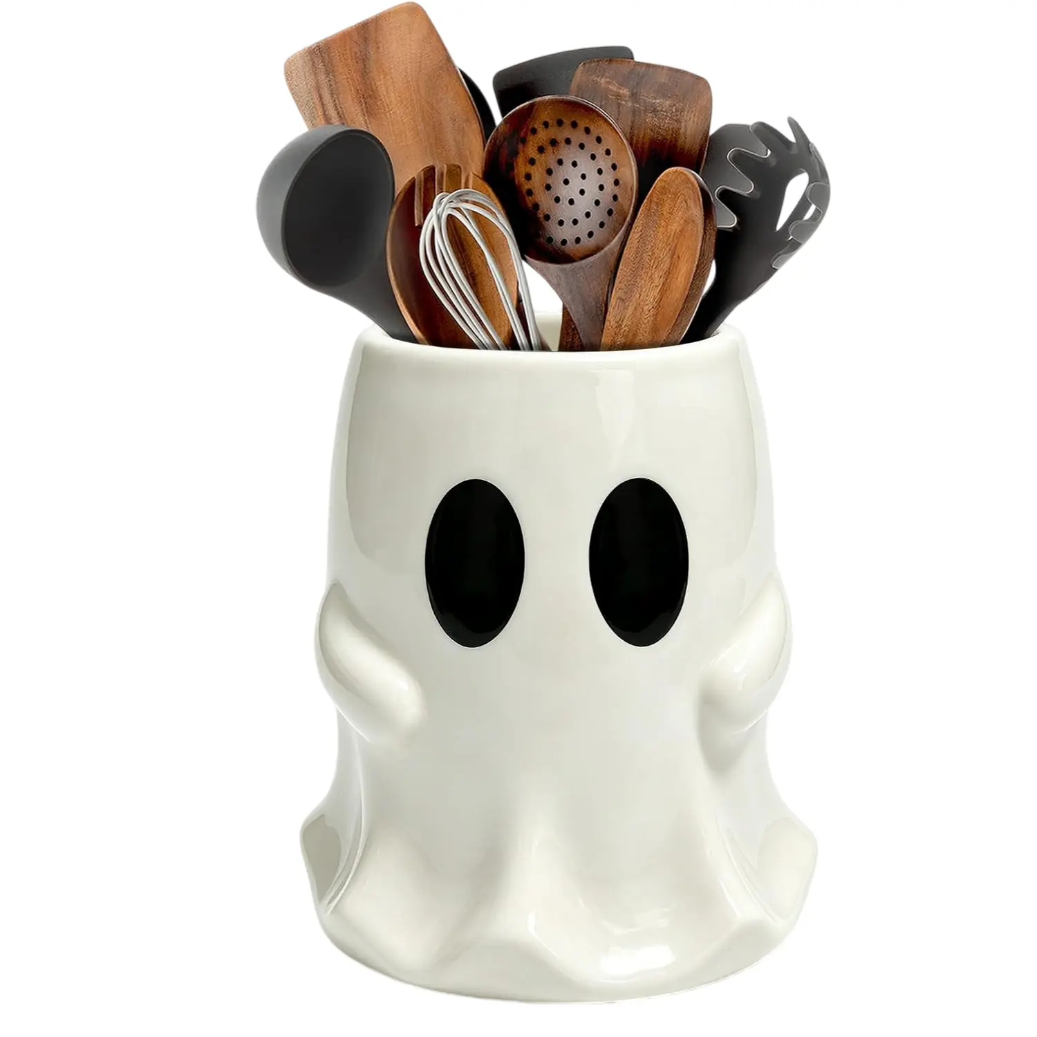 Halloween Kitchen Decor, Ceramic Halloween Ghost Utensil Holder | White Cute Halloween Utensils Holder, Ceramic Utensils Crock, Rustic Farmhouse Indoor Kitchen Decorations, 6.3 Inches