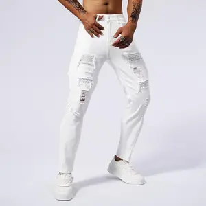 White High-Cotton Distressed Jeans | Mesh Patchwork Slim-Fit Denim
