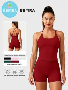Women's Seamless Halter Neck Thin Strap Yoga Tank Top + Sport Shorts, Detachable Padding Sexy Backless Sports Bra Set
