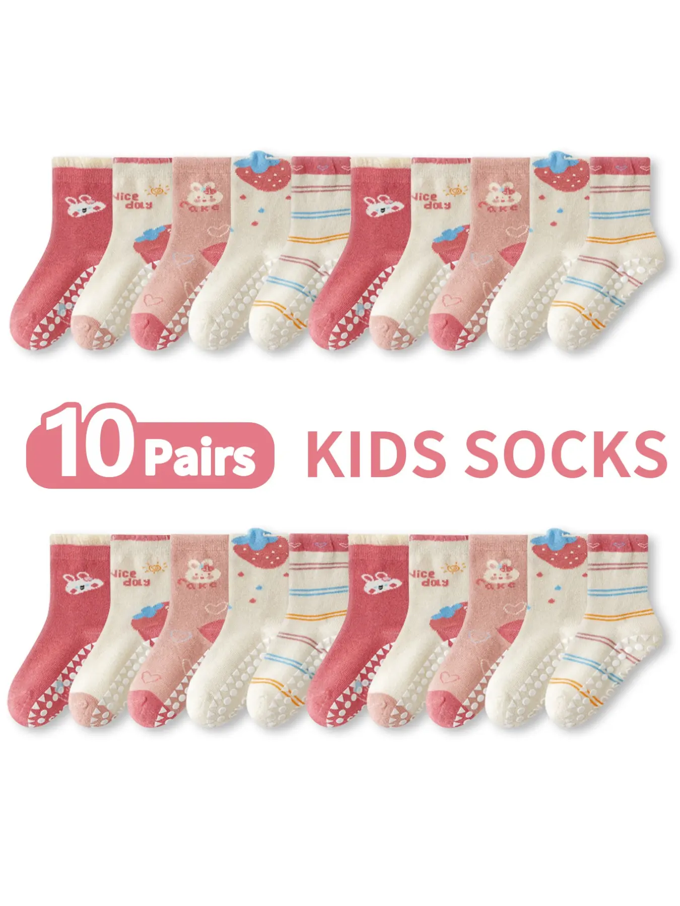 10 Pairs Kids Floor Socks Cartoon Strawberry Rabbit Pattern, Non-Slip Soft Sole Indoor Baby Toddler Socks, Letter Mid-Calf Socks
