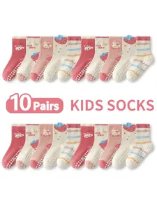 10 Pairs Kids Floor Socks Cartoon Strawberry Rabbit Pattern, Non-Slip Soft Sole Indoor Baby Toddler Socks, Letter Mid-Calf Socks