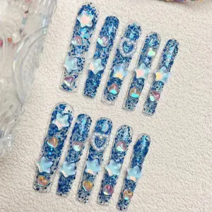 Glitter Handmade Press on Nails with Glossy Finish, Nail File & Adhesive Tape, 10pcs Star & Heart Decor Extra Long Square Fake Nail, DIY Nail Art Kit for Women & Girls