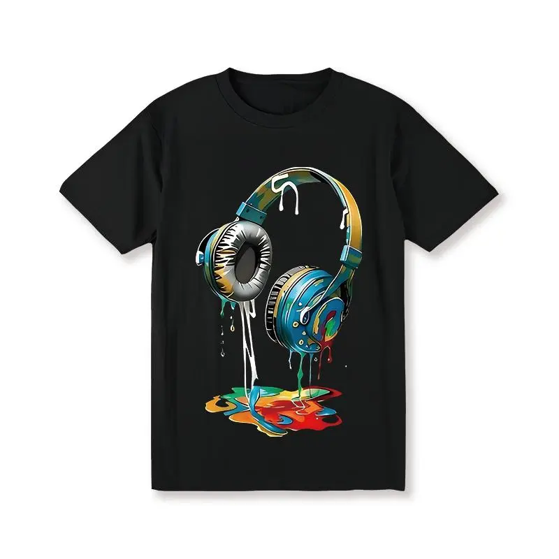 Men's Classic Soft Navy Blue 100% Cotton Shortsleeve T-Shirt, Vibrant Headphone Graphic Print, Casual Street Style, Round Neck, Machine Washable, Ideal for Summer Menswear Attire