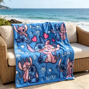 Stitch Angie Blue Base Couple Nap Blanket, Creative Digital Print Flannel, Holiday Gift Throw, Wall Hanging, Sofa Bed Cover, Outdoor Travel Blanket, Soft Cozy Blanket