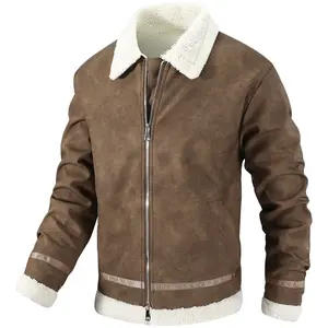 Autumn Winter Men's Faux Fur Collar Jacket Designer Patchwork Tape Trim Ribbed Cuff Biker Style American Vintage Versatile Leather Coat with Sheepskin Fur Collar for Outdoor Activities & Friend Gatherings winter outfits men heated jacket