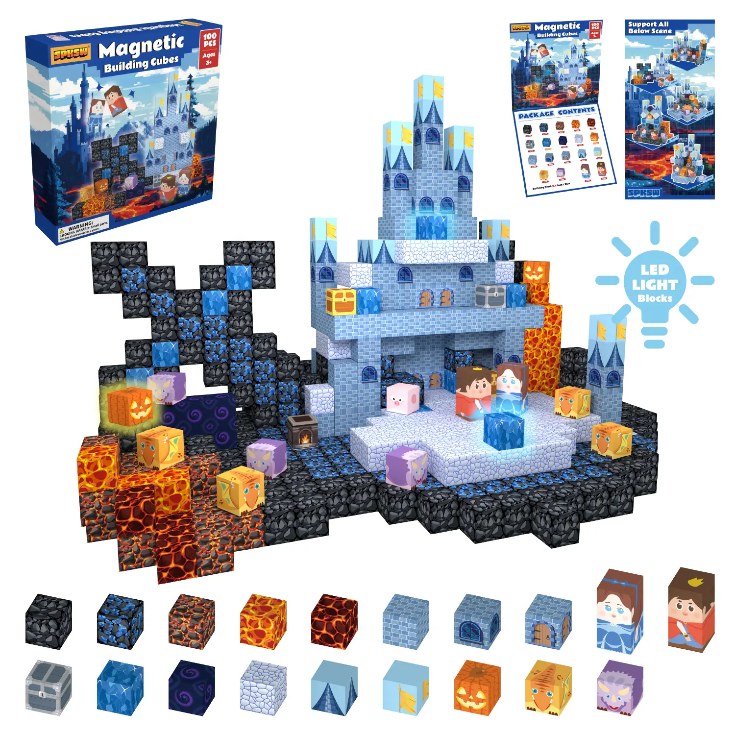 SPKSW Magnetic LED Light Castle Building Set for Kids 100/200-Piece Magnetic blocks  High-Quality kids Birthday Gift for Boys Girls LED Light Function Creative Toy for Kids 3 4 5 6 7 8 9 Years Old Interactive Parent-Child Fun，construction kit,relief toy D