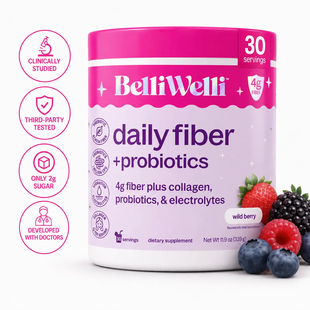 BelliWelli Daily Fiber + Probiotics - Wild Berry - 30 day