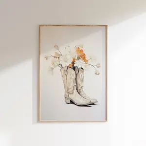 Neutral coastal Cowgirl boots print, floral Western nursery wall art printable, Southern country aesthetic poster, UNFRAMED