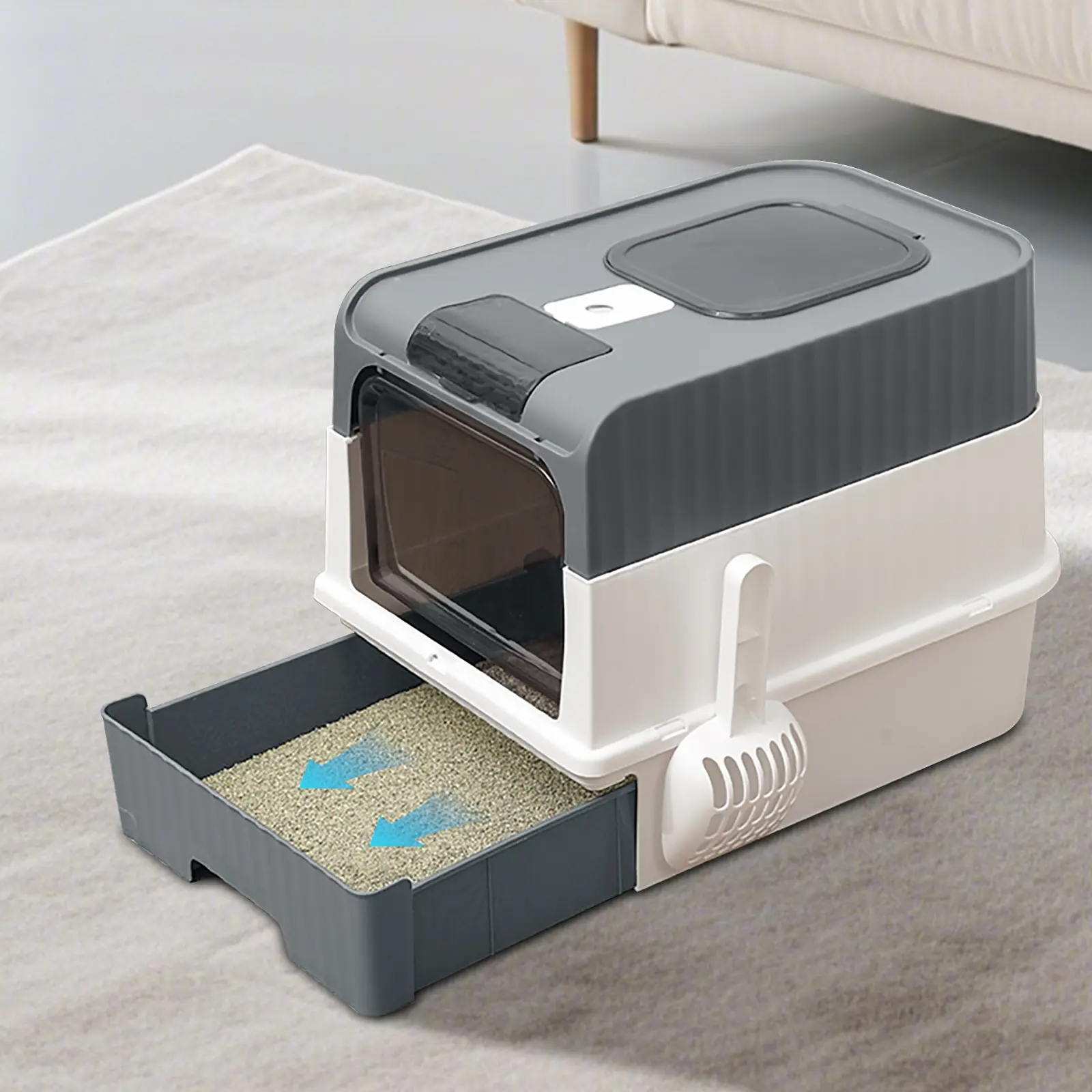 Large Gray-White Vertically Ribbed Fully Enclosed Drawer-Style Cat Litter Box - Top Window, Dual Entry Doors, Spill-Proof Step, Side-Hanging Litter Scoop, Ideal for Long-Furred Persian Cats, Home Use