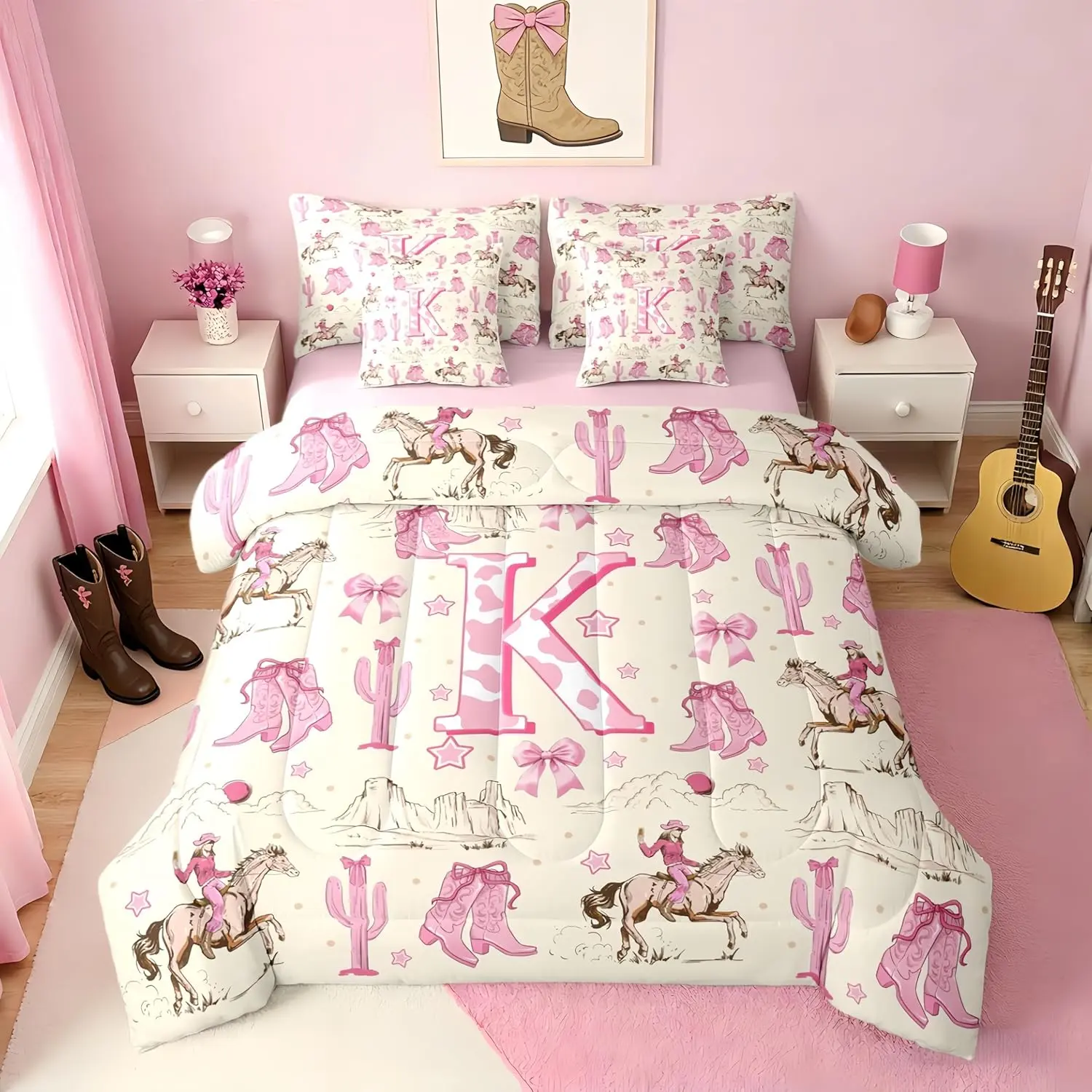 Pink Western Cowgirl Boot 7Pcs Bed in a Bag - Initial K Monogrammed Coquette Bow Tie Comforter Set with Sheets Wild West Horse Bedding Sets,Retro Fitted Flat Sheet