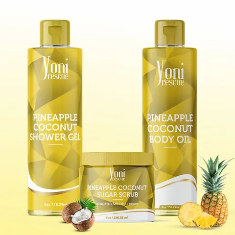 Pineapple Coconut Body & Bath Care Set- Shower Gel(4oz), Body Essential Oil(4oz) 100% All Natural with Sugar Scrubs(8oz) by Yoni Rescue