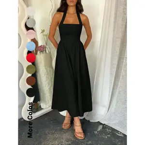Women's Plain Pocket Zipper Back Dress, Casual Sleeveless Halter Neck A Line Dress for Summer, Ladies Clothes for Beach Holiday, Minimalist Womenswear, Backless Dress, Elegant Sleeveless Dress, Sundress, Brunch Dresses