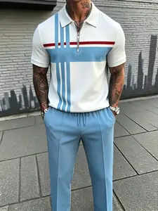 Men’s 3D digital print half-placket polo shirt and pants two-piece set — a casual outfit that’s versatile for everyday wear