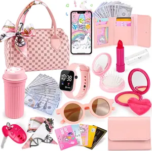 Play Purse for Little Girls, 32PCS Toddler Purse Pretend Makeup for Kids, Princess Toys Includes Handbag, Phone, Wristwatch,Toy Purse Birthday Gift
