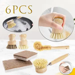 6 Pack Bamboo Dish Brush Gift Set – Kitchen Cleaning Bundle with Bottle Brush, Palm Brush, Scrub Brush & Sponge Pads Elegant Wood Handles, Scratch-Safe Bristles