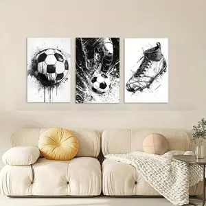 Three wall art posters, modern canvas paintings (framed), with a boy playing football theme, suitable for decoration and printing in living rooms, study rooms, offices, cafes, and bars