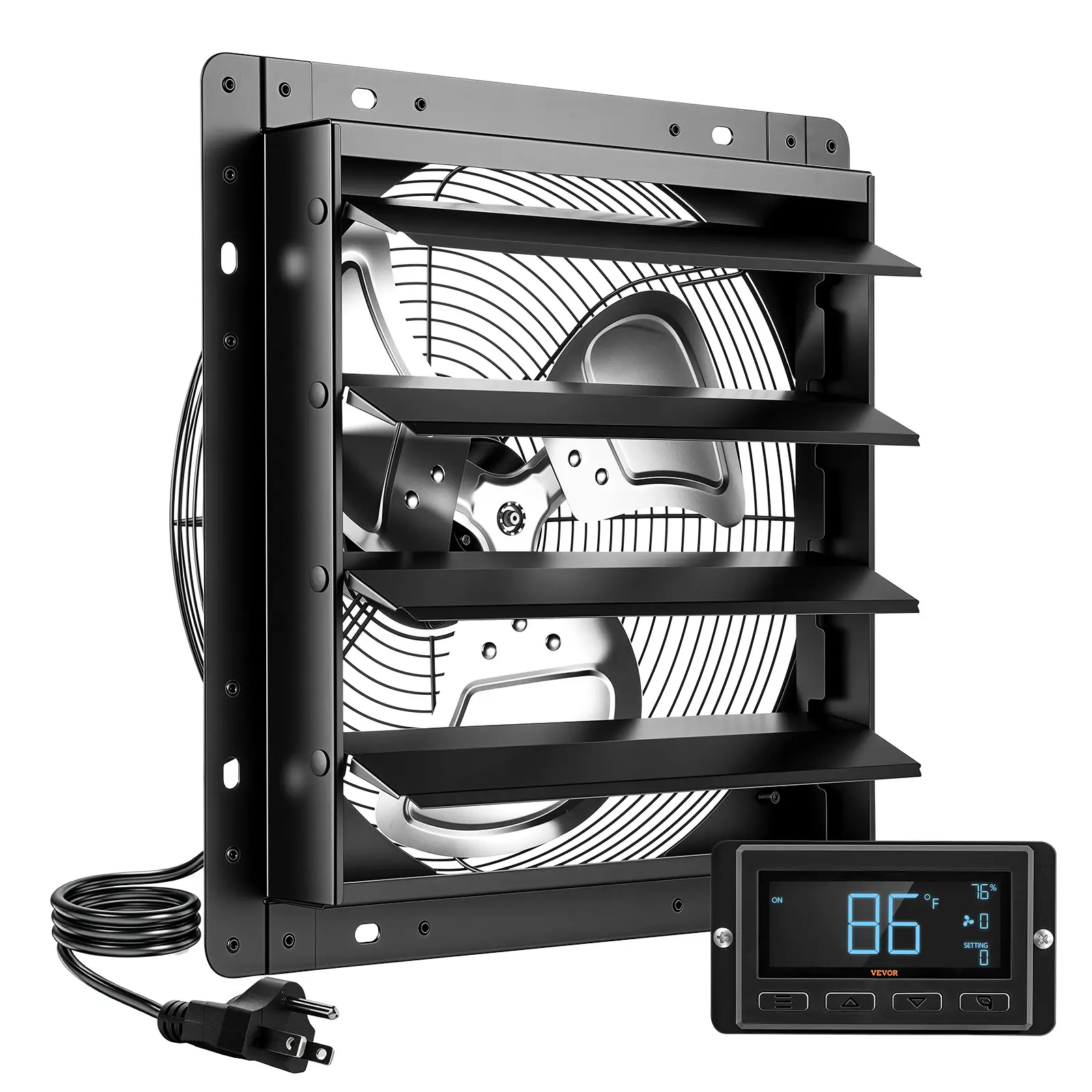 VEVOR 14-Inch Wall-Mounted Shutter Exhaust Ventilation Fan, EC Motor, Steel Housing, Auto Temp & Humidity Controller, Automatic Louvers, Cooling for Attic, Garage, Black